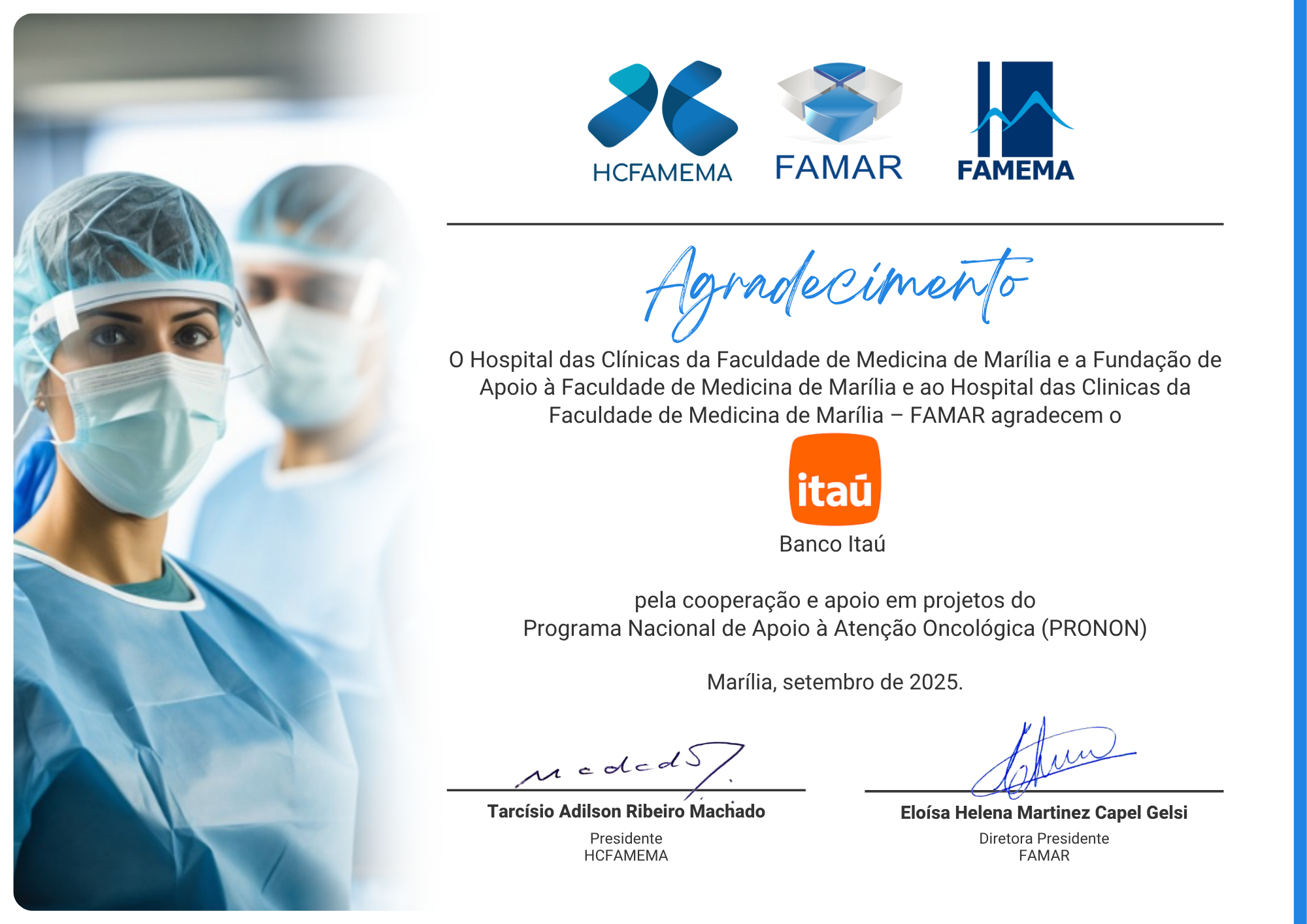 Certificado de agradecimento Itaú