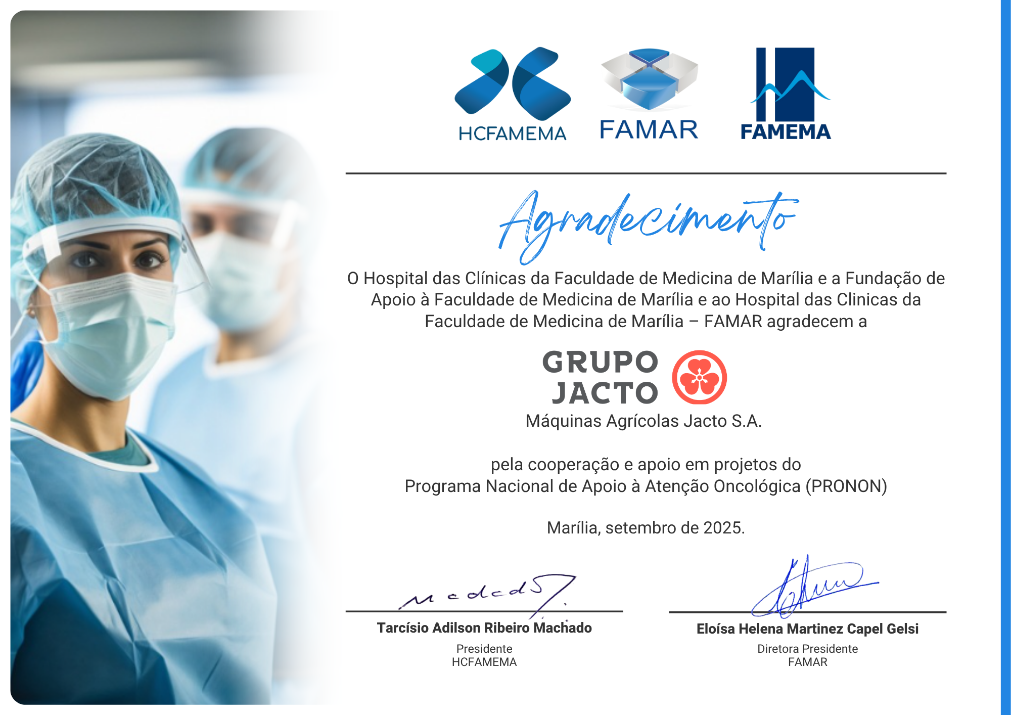 Certificado de agradecimento Jacto