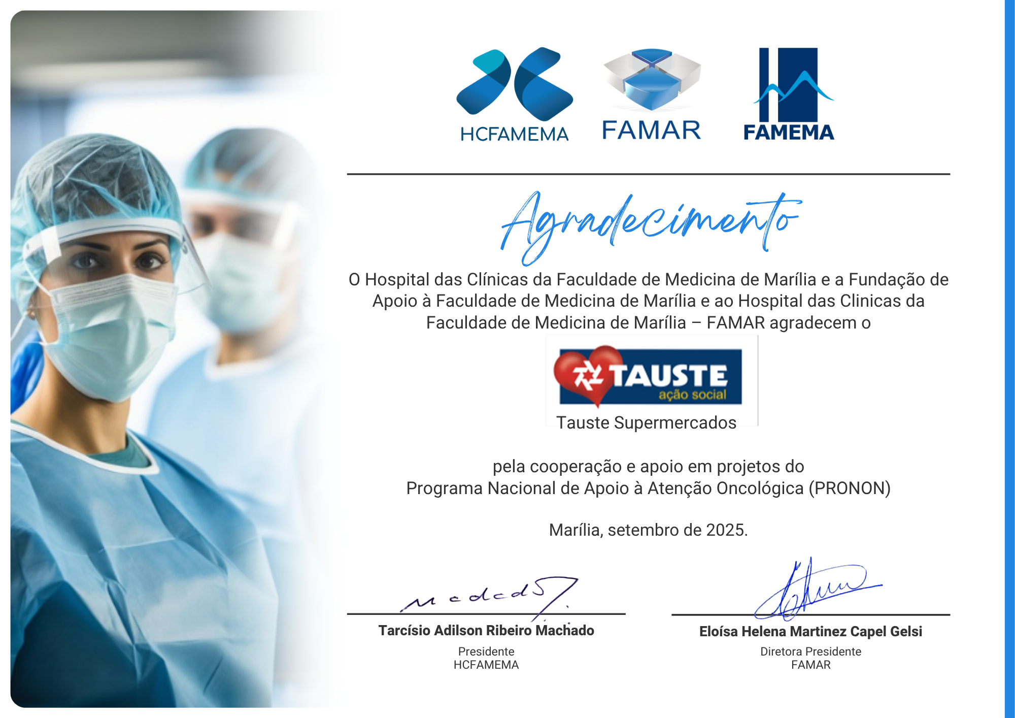 Certificado de agradecimento Tauste Supermercado